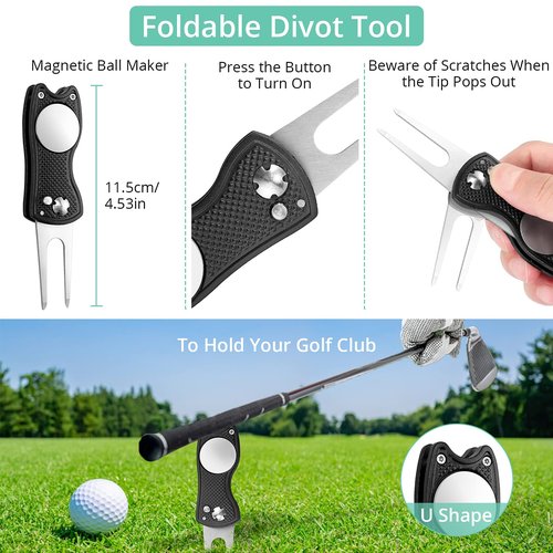 VINTEAM Golf Accessories Gift Set, Golf Towel, Golf Club Brush with Groove Cleaner, Foldable Divot Repair Tool with Ball Marker, Club Groove Cleaner Set and Golf Tee Holder - Golf Club Cleaning Kit