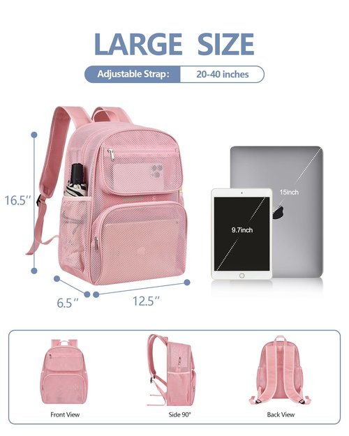 Mesh Backpack with Inner Compartment, Large Heavy Duty Mesh Bag with Padded Shoulder Straps for Travel Swimming Hiking Beach - Princess Pink