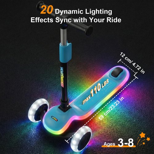 Youthkkee Kids Kick Scooter with LED Light-Up Wheels & Deck, 3-Wheel Folding Scooter for Ages 3-10, Adjustable Height, Extra Wide Anti-Slip Deck for Boys Girls