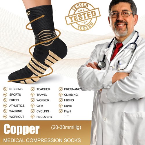 NEENCA Professional Copper Compression Socks, Medical Ankle Support Socks for Injuries Recovery & Pain Relief, Women & Men Circulation, Swelling, Runner, Travel, Pregnancy, Flying—1 Pair, 20-30 mmHg