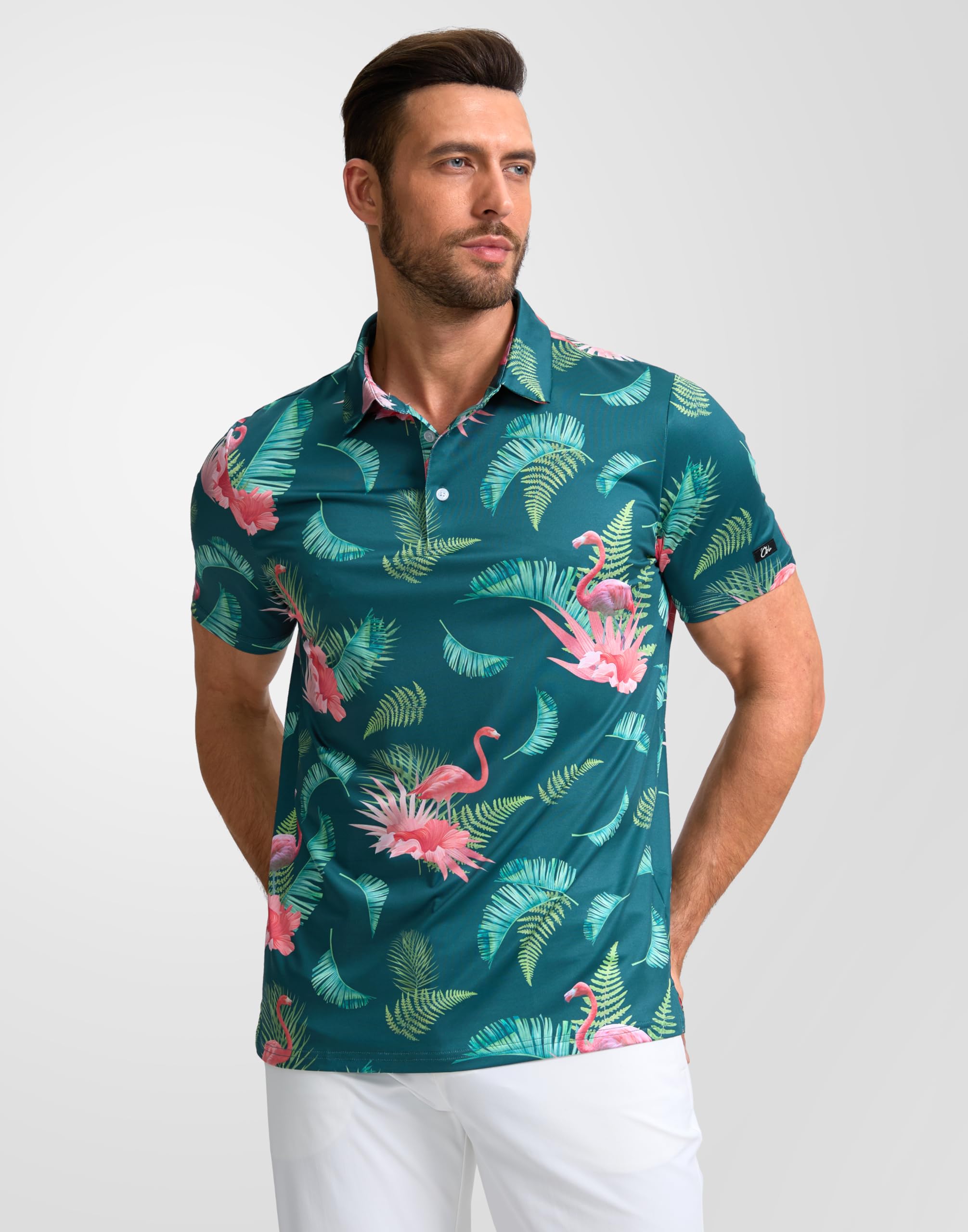 Obla Mens Golf Polo Shirts Short Sleeve Dry Fit Performance Moisture Wicking Casual Print Collared Golf Shirts for Men(Green Flamingo_M)