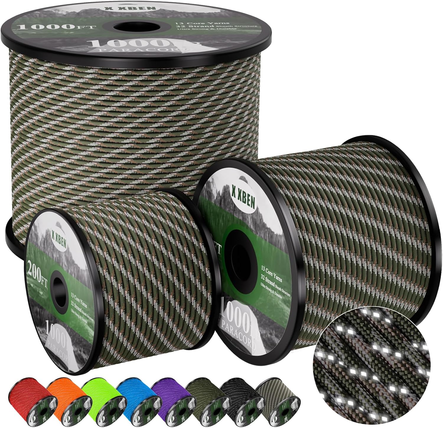 XXBEN Paracord Reflective 1000lb | Tactical 4mm Parachute Cord for Camping & Survival | Forest Camo, 50-1000ft