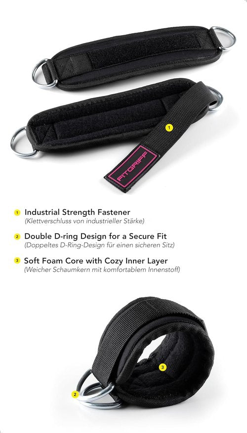 Fitgriff® Ankle Straps V3 - Leg Pulley Attachment for Cable Machines | 2-Piece Gym Workout Equipment