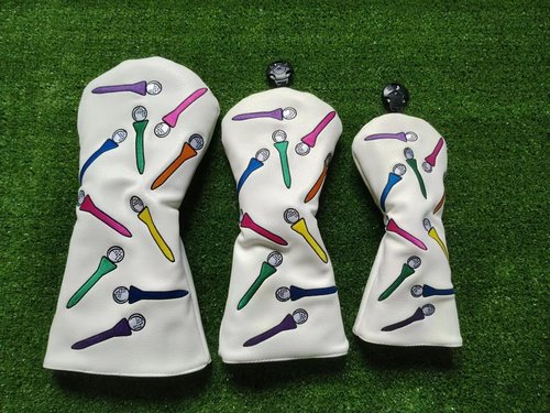 Andux 3pcs/Set Tee Pattern PU Golf Wood Club Head Covers 460cc Driver Covers with Long Neck White
