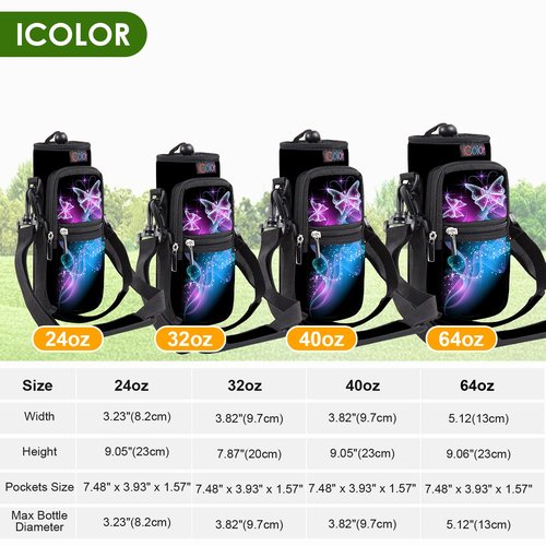 icolor Water Bottle Carrier Bag Holder 25/32/40/64oz,Adjustable Padded Shoulder & Handle Strap Sports Sling Hiking Pack,Insulated Neoprene Wide Mouth Bottle Sleeve