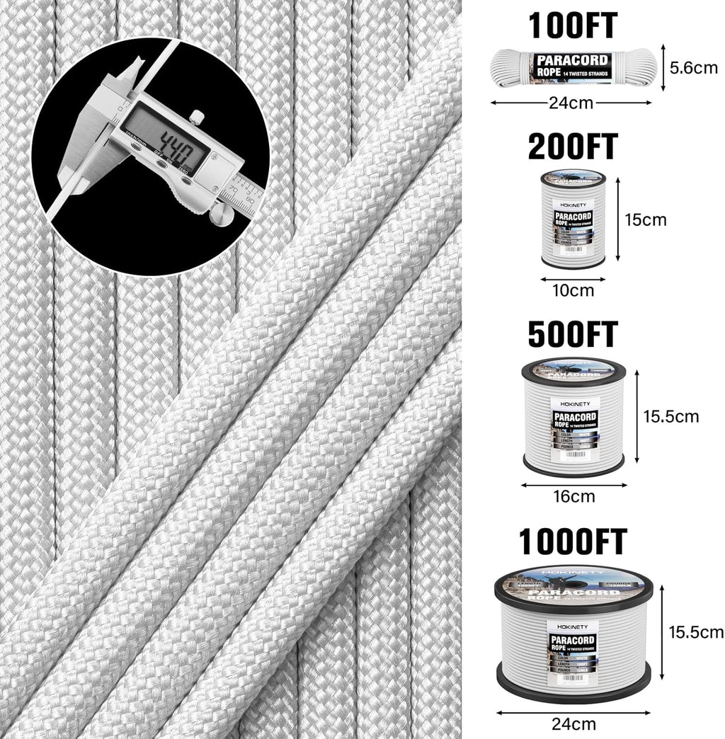 1200 Paracord Rope - 4.4mm 14 Strand Nylon for Outdoor Camping & DIY Projects | White 100FT