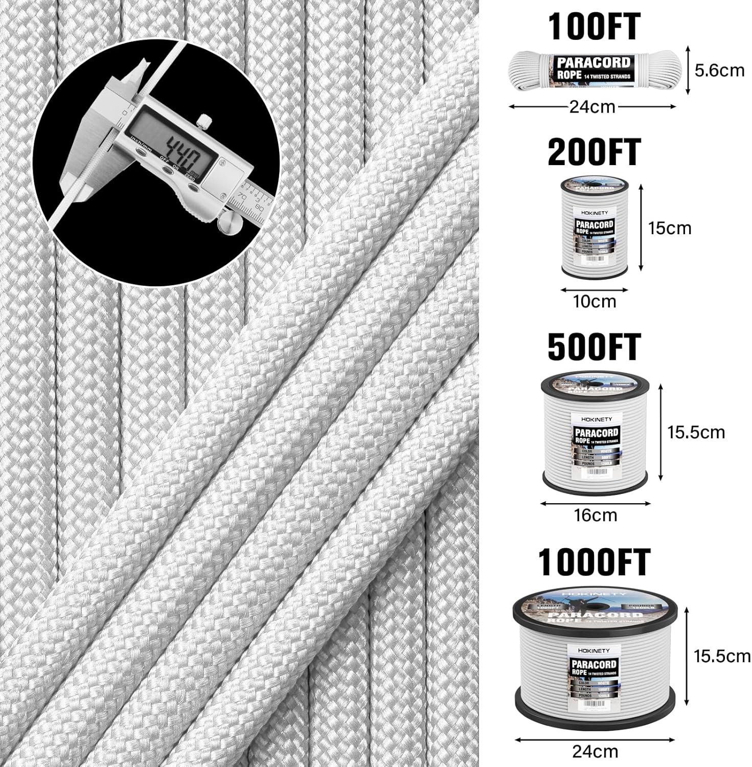 1200 Paracord Rope - 4.4mm 14 Strand Nylon for Outdoor Camping & DIY Projects | White 100FT