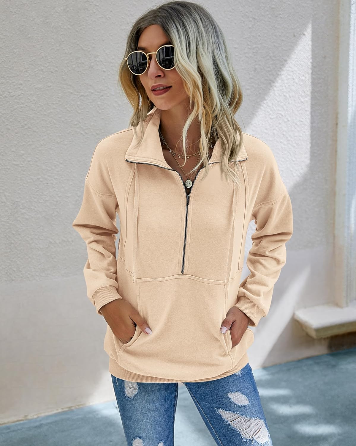 PRETTYGARDEN Women's Casual Pullover Sweatshirt - Long Sleeve Zipper & Drawstring Design