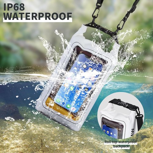 IP68 Waterproof Dry Bag - 2L Roll Top Pool Bag with Phone Pouch for Kayaking & Boating (White)
