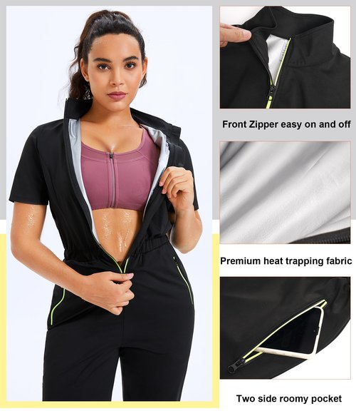 Junlan Sauna Suit for Women Sweat Jumpsuit Stand Collar Heat Trapping Shirt for Women Workout Sports(Black,3X-Large)