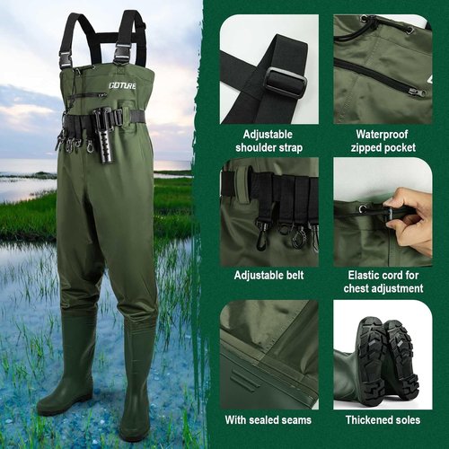 Goture Waterproof Fishing Waders - Durable 2-Ply Nylon/PVC Chest Waders with Boots & Hidden Pocket