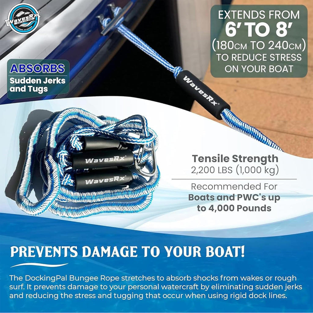 WAVESRX DockingPal - Premium Bungee Dock Line for Boats & PWC | Shock-Absorbing Elastic Mooring Rope for Safe Docking