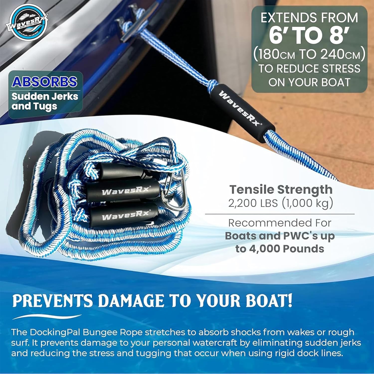 WAVESRX DockingPal - Premium Bungee Dock Line for Boats & PWC | Shock-Absorbing Elastic Mooring Rope for Safe Docking