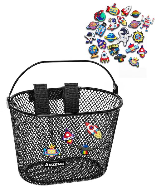 ANZOME Kids Bike Basket, Bicycle Basket for Boy and Girl, Waterproof Metal Wire Children's Bicycle Basket, Suitable for Most Children's Bicycles and Kids Tricycles (Black+Accessories 2)