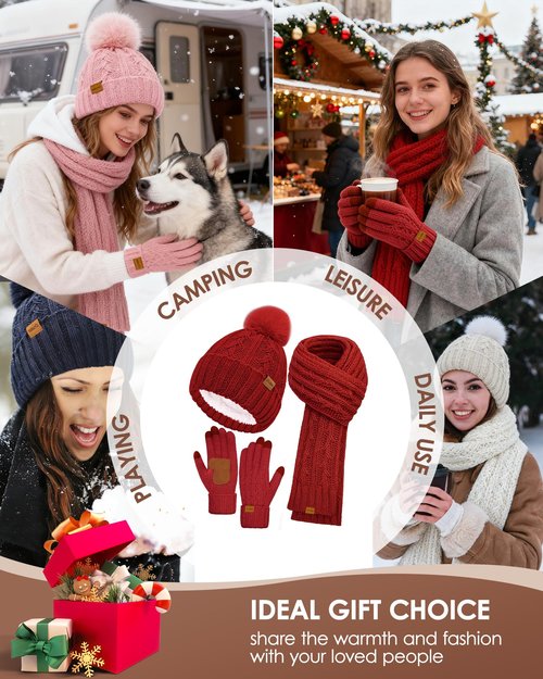 Womens Winter Beanie Hat Scarf Gloves Set, Fleece Lined Knitted Hat with Pompom Long Scarf Touchscreen Mittens for Women Men (Oatmeal)