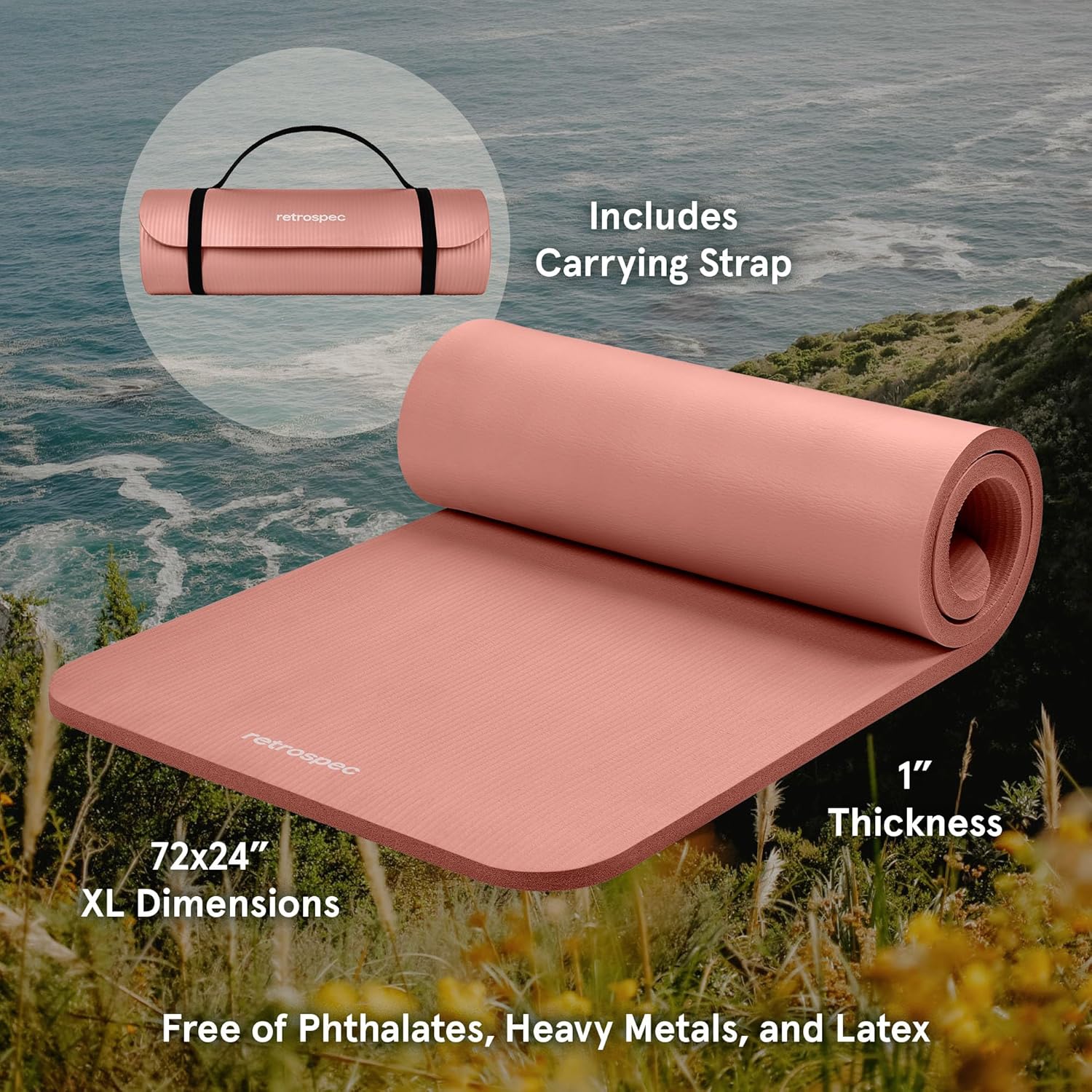 Retrospec Solana Yoga Mat - 1" Thick Non-Slip Exercise Mat with Nylon Strap for Home Workouts | Ideal for Yoga, Pilates, Stretching