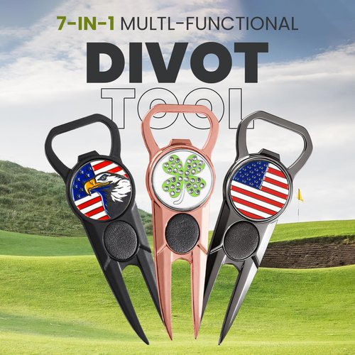 FINGER TEN Golf Divot Repair Tool and Ball Marker 7-in-1 Value 2 Pack, Premium Leather Grip Tools with Belt Clip, Club Tee, Club Groove Cleaner, Bottle Opener, Putting Alignment Guide (Black)