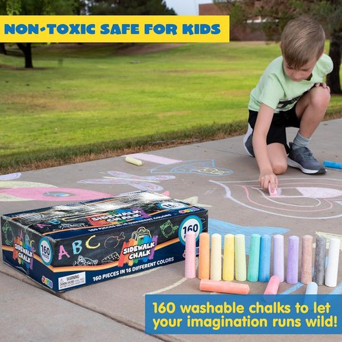 JOYIN 160 PCS Sidewalk Chalk Set | Non-Toxic, Washable Jumbo Chalk in 16 Vibrant Colors for Outdoor Art