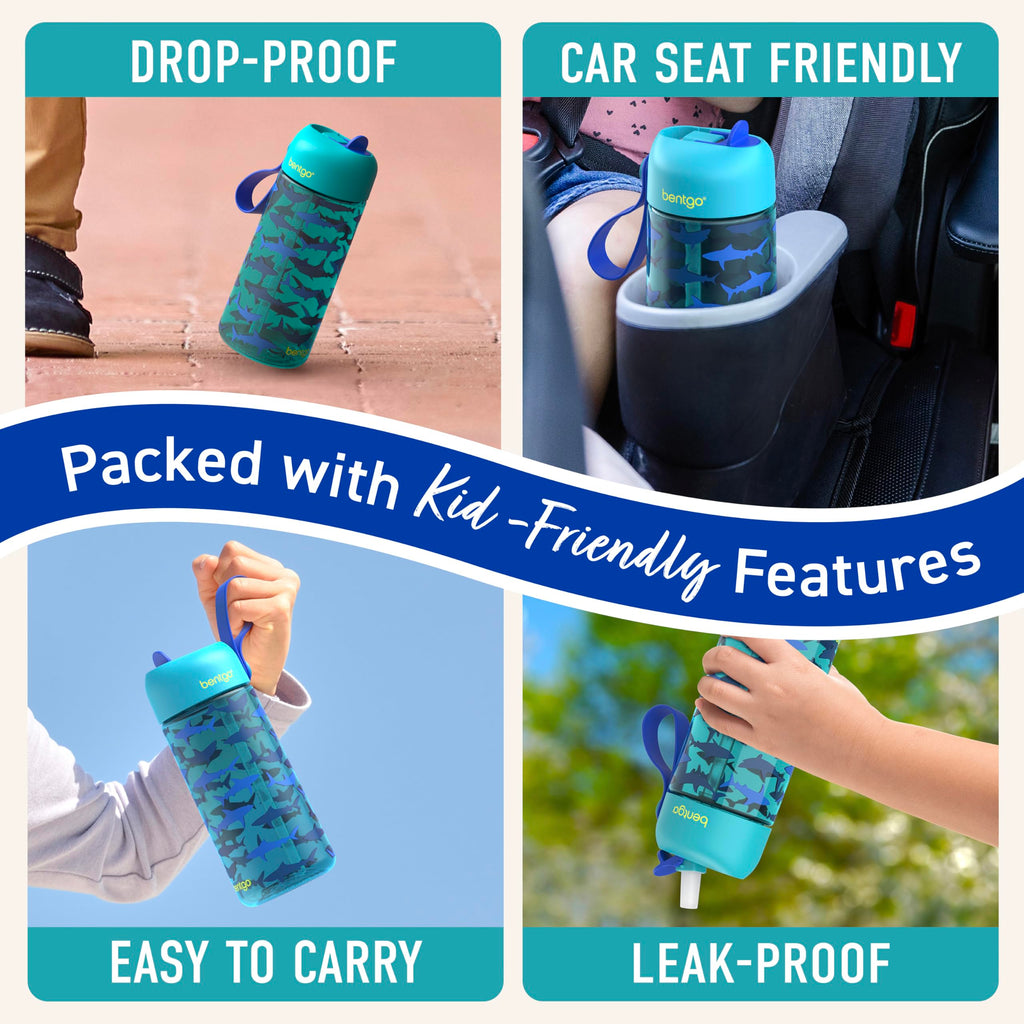 Bentgo Kids Water Bottle - Leak-Proof, Durable Tritan PFAS- & BPA-Free 15 fl oz, Kids/Toddlers Ages 3+ for School & Sports; Bite & Sip Spout, Carrying Handle, Dishwasher Safe (Sharks)