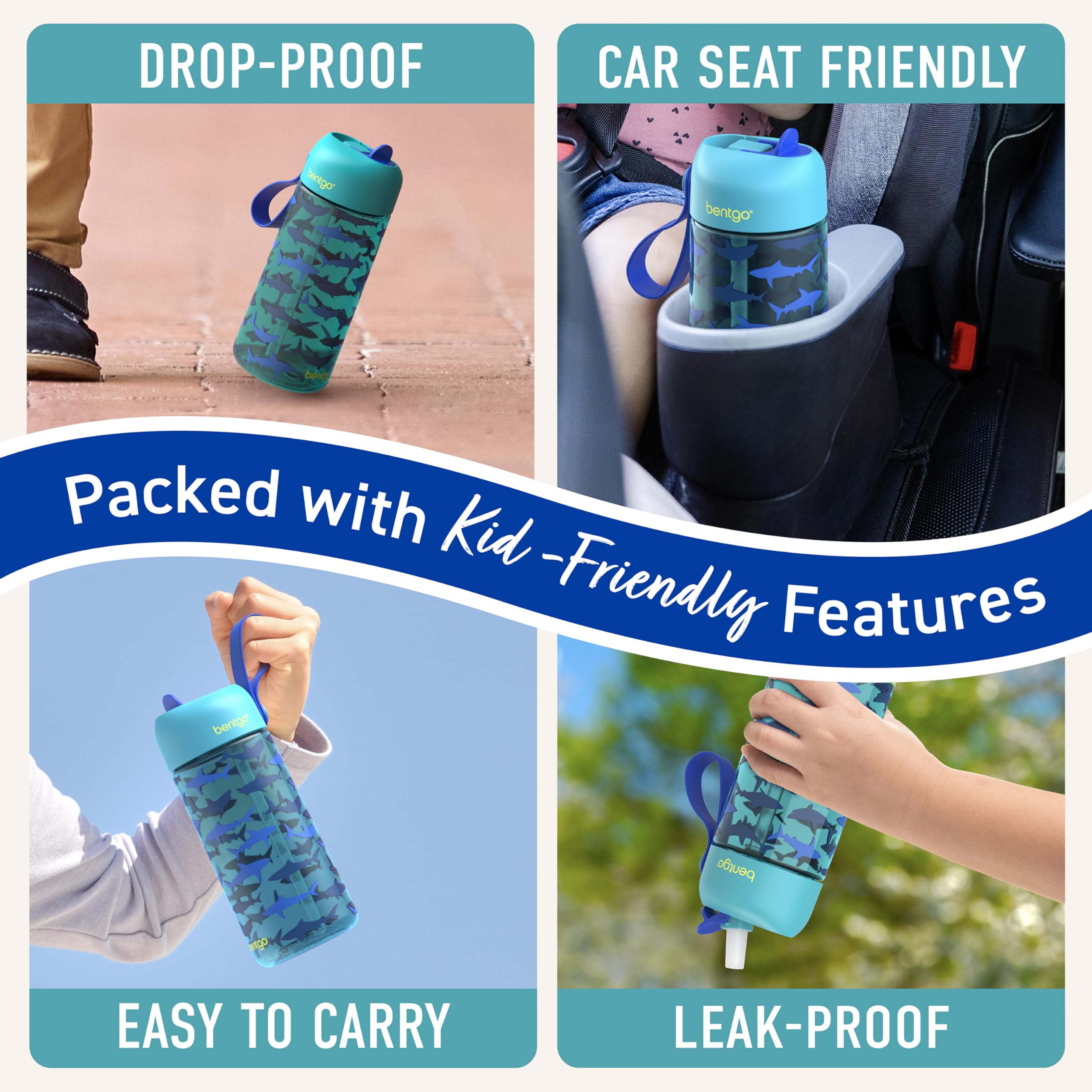 Bentgo Kids Water Bottle - Leak-Proof, Durable Tritan PFAS- & BPA-Free 15 fl oz, Kids/Toddlers Ages 3+ for School & Sports; Bite & Sip Spout, Carrying Handle, Dishwasher Safe (Sharks)