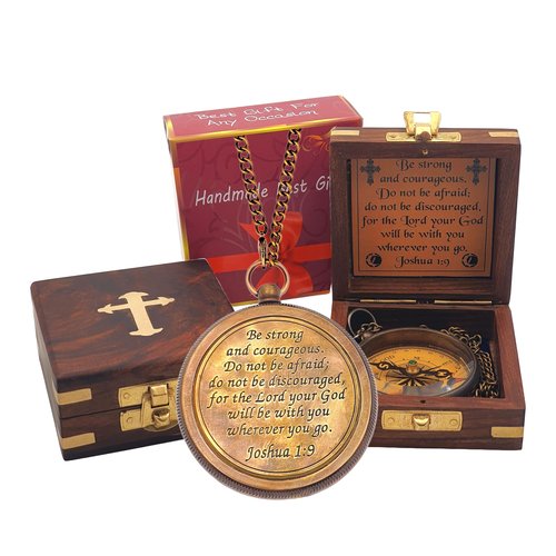 Antique Nautical Compass with “Be Strong and Courageous” Scripture Engraved | Vintage Magnetic Compass with Wooden Box | Baptism, Graduation, Christian Gift for Son, Father, Loved Ones