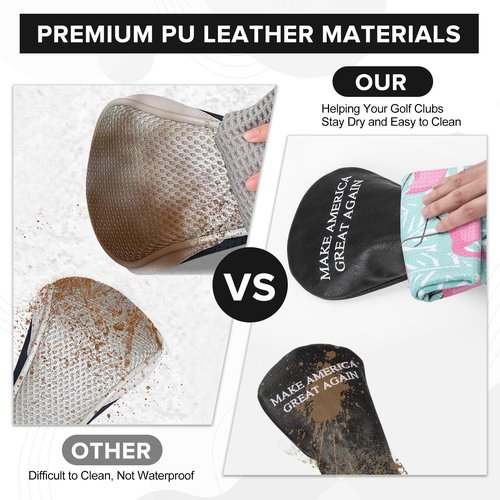 Golf Headcovers Golf Club Head Covers MAGA Style Elegant Embroidery Premium Leather Driver Fairway(FW) Wood Hybrid(UT) with Number Tags, 3 Wood Headcover Set