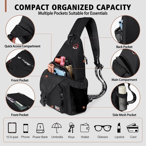 Geestock Crossbody Sling Bag - Lightweight Convertible Backpack with Headphone Hole | Fits 10.9" Tablet, Black