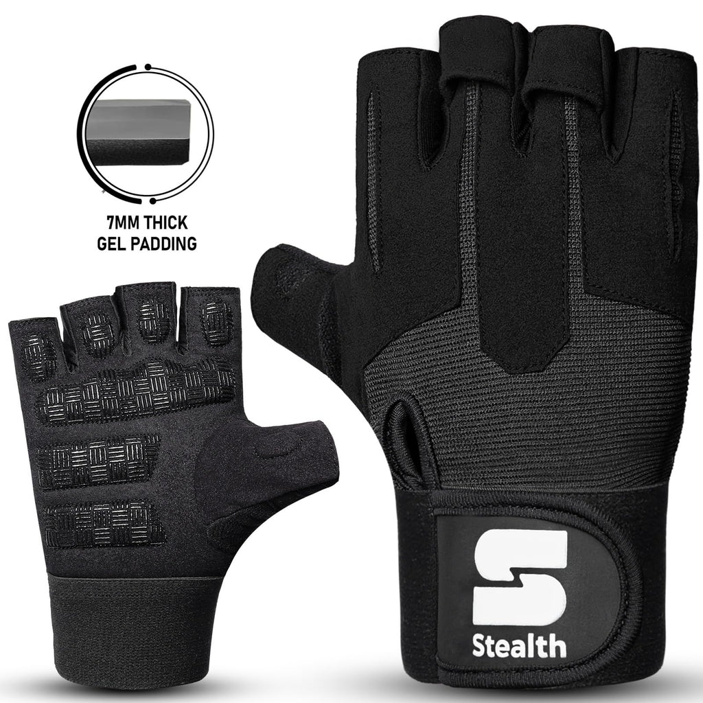 Stealth Sports Weight Lifting Workout Gloves Men Women Non-Slip Gel Padded Grip Full Palm Protection for Pull ups Gym Training Fitness Weightlifting Bodybuilding Exercise Gloves,R7 - Black (XL)