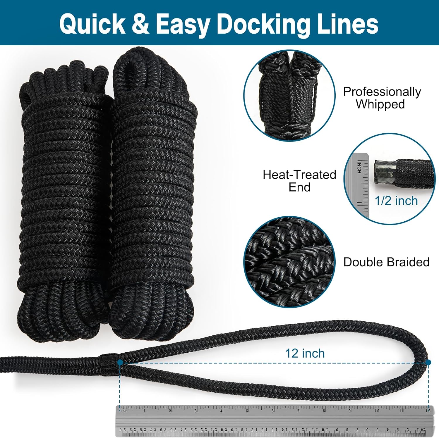 Premium Marine-Grade Dock Lines by [Brand Name] - 4 Pack 1/2" x 15’ Double Braided Nylon with 12" Eyelet - Black