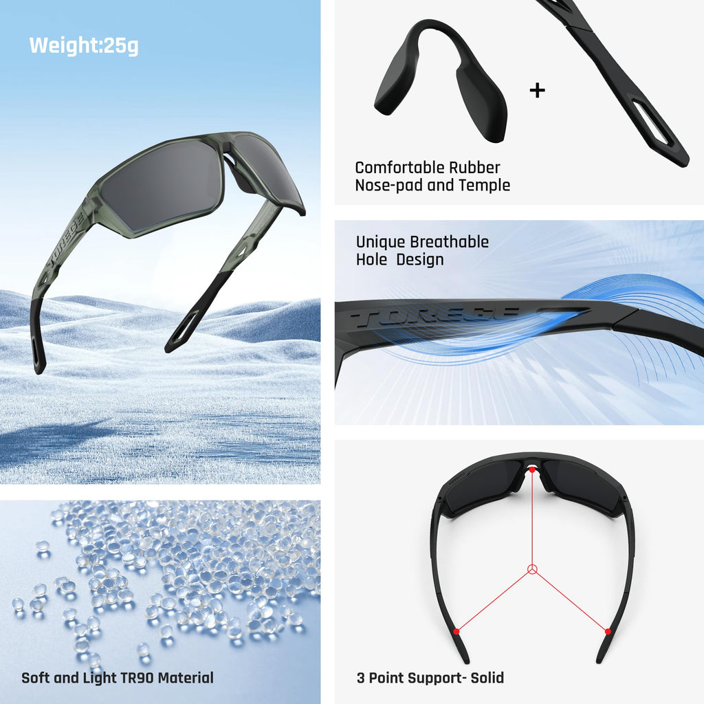 Polarized Sports Sunglasses for Men Women Fishing Running Driving Cycling Sunglasses Theseus TR36 (Matte Transparent Gray Green&Silver Lens)
