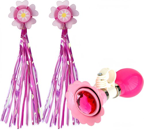 Kids Bicycle Horn and Handlebar Streamers Set - 1 Bike Horn + 2 Pink Handle Streamers Kit for Children Bike Accessories