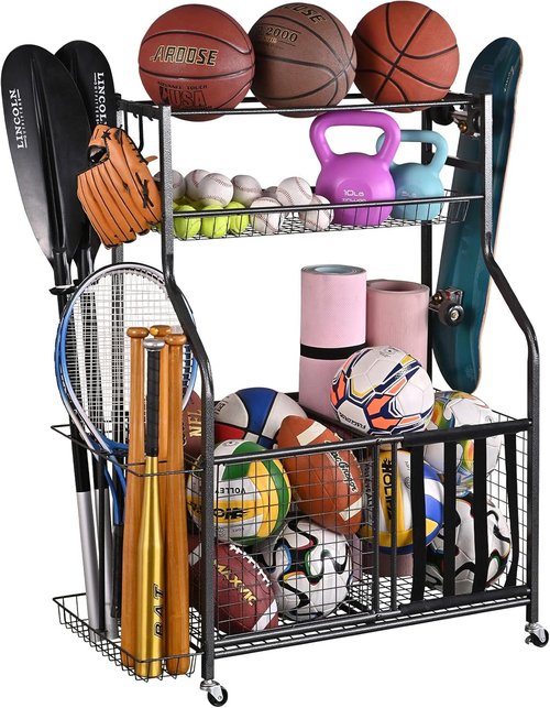 Mythinglogic Garage Sports Equipment Organizer - Large Capacity Ball Storage with Hooks & Baskets