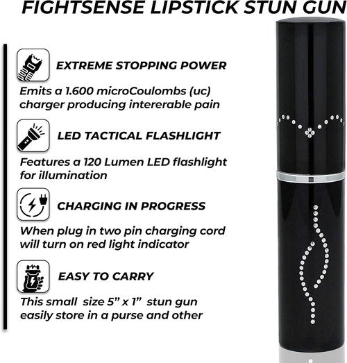 FIGHTSENSE Lipstick Stun Gun | Bright LED Flashlight for Women's Self Defense - Rechargeable Battery