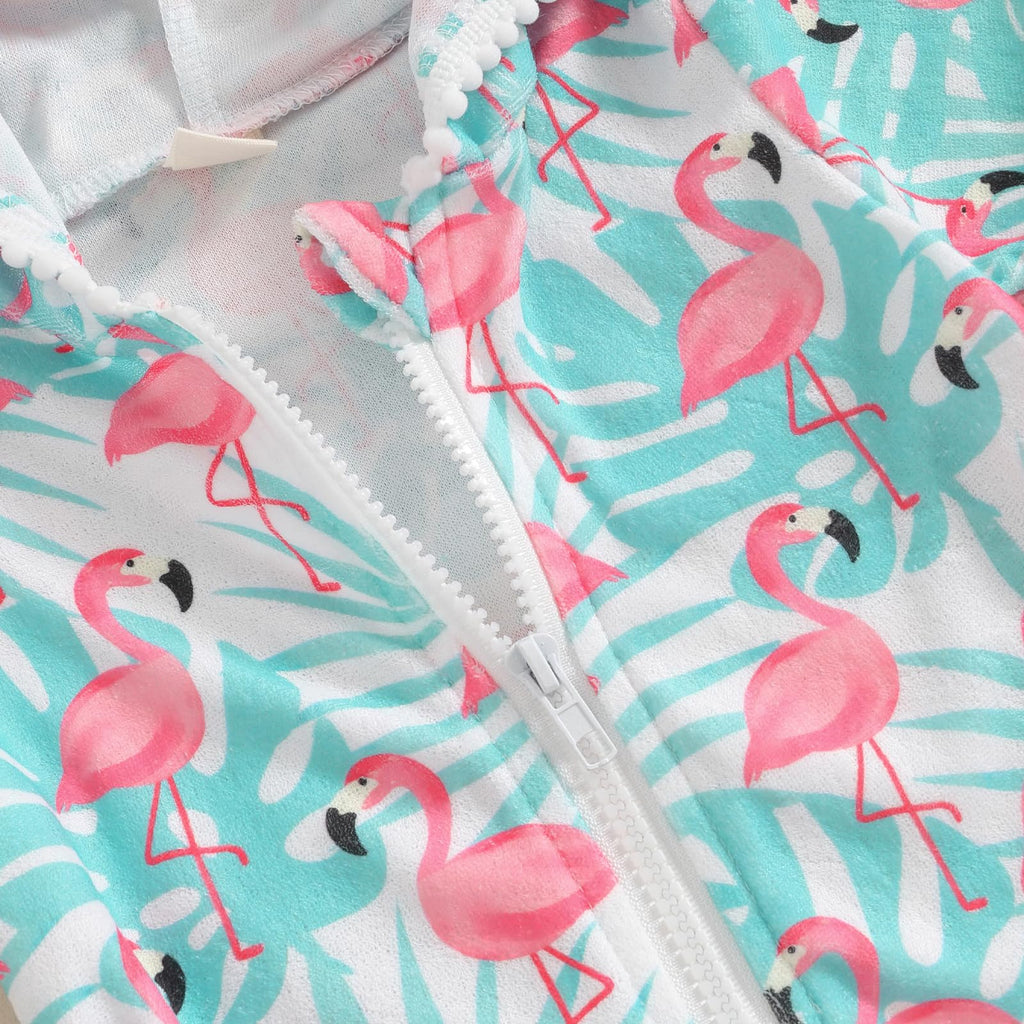 Licupiee Girls Hooded Zip Terry Coverups Swimsuit Kids Baby Girl Floral Print Short Sleeve Swim Cover-Up Swimwear (US, Age, 5 Years, 6 Years, Green Flamingo)