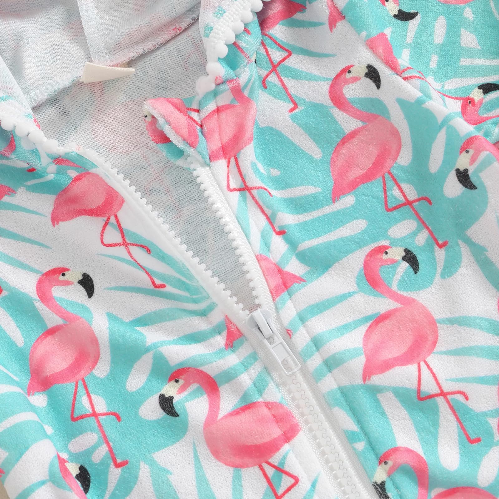 Licupiee Girls Hooded Zip Terry Coverups Swimsuit Kids Baby Girl Floral Print Short Sleeve Swim Cover-Up Swimwear (US, Age, 5 Years, 6 Years, Green Flamingo)