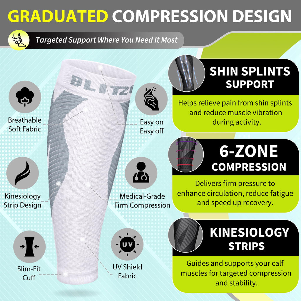 BLITZU Calf Compression Sleeve for Women and Men, Shin Splint Sleeves for Varicose Veins, Nursing, Pregnancy, Running, Footless Compression Socks Support for Calf Muscle Pain Relief White XXL