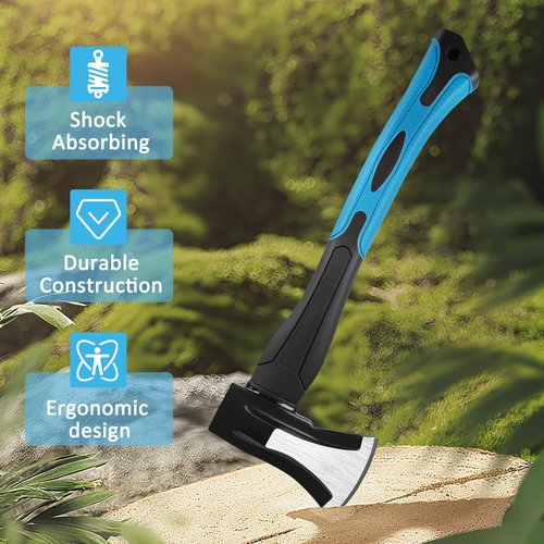 Splitting Axe, 15” Camping Outdoor Hatchet for Wood Splitting and Kindling, Forged Carbon Steel Heat Treated Hand Maul Tool, Fiberglass Shock Reduction Handle, Blue