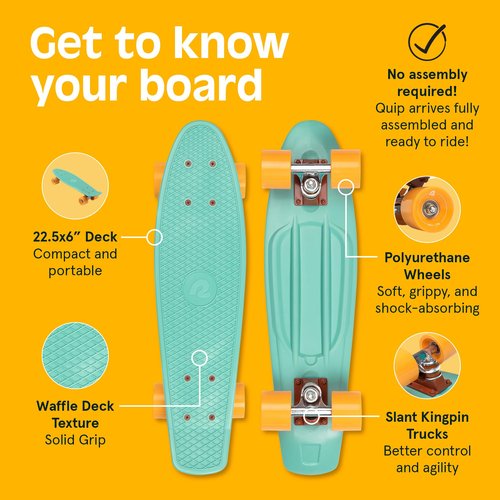 Retrospec Quip Mini Cruiser Skateboard 22.5" and 27" Classic Retro Plastic Cruiser Complete Skateboard with ABEC 7 Bearings and PU Wheels Compact Board with Grippy, Molded Waffle Deck