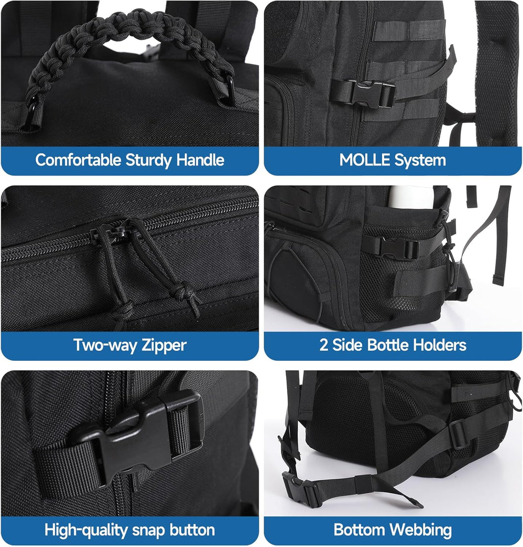 Skiennix Tactical Backpack - 35L Military Travel Pack with Shoe Compartment | Water-Resistant Black Rucksack for Hiking & Survival