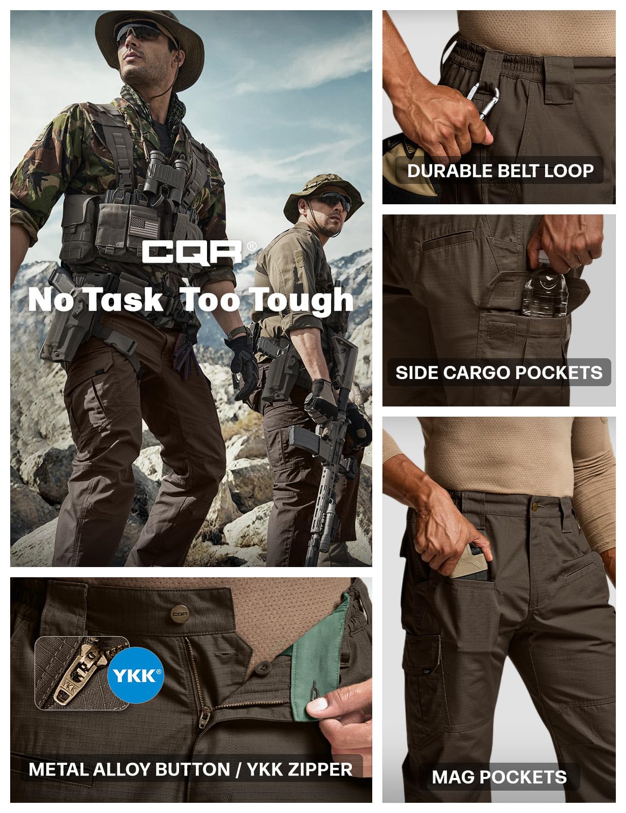 CQR Men's Tactical Pants, Water Resistant Ripstop Cargo Pants, Lightweight EDC Work Hiking Pants, Outdoor Apparel, Raider Dark Brown, 38W x 34L