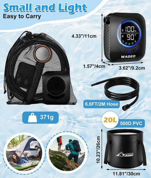 2026 Upgraded Portable Shower for Camping, 8000mAh Rechargeable Camping Shower Pump with 5 Gal Foldable Bucket, 5 Pressure Modes, IPX8 Waterproof, Outdoor Shower for Hiking, Travel, Car, Pet, Beach