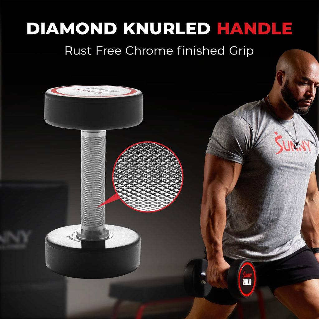 Sunny Health & Fitness Premium Polyurethane Commercial Grade Round Dumbbells with Diamond Knurled Handle, Durable Strength Training Equipment for Home Gym, 35-Pound (Single) - SF-DB02-35
