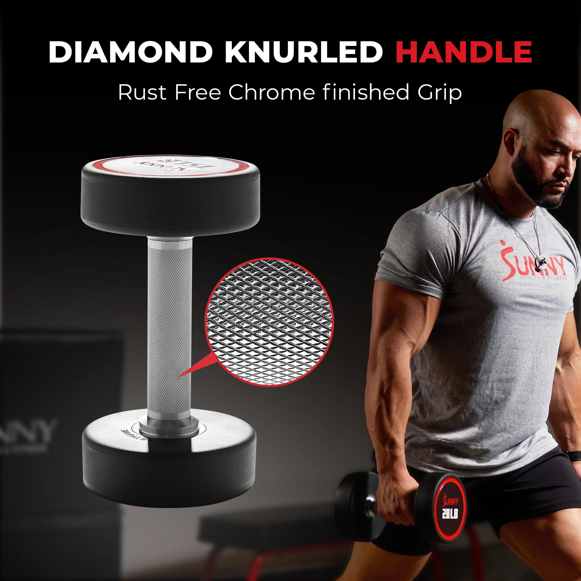 Sunny Health & Fitness Premium Polyurethane Commercial Grade Round Dumbbells with Diamond Knurled Handle, Durable Strength Training Equipment for Home Gym, 35-Pound (Single) - SF-DB02-35