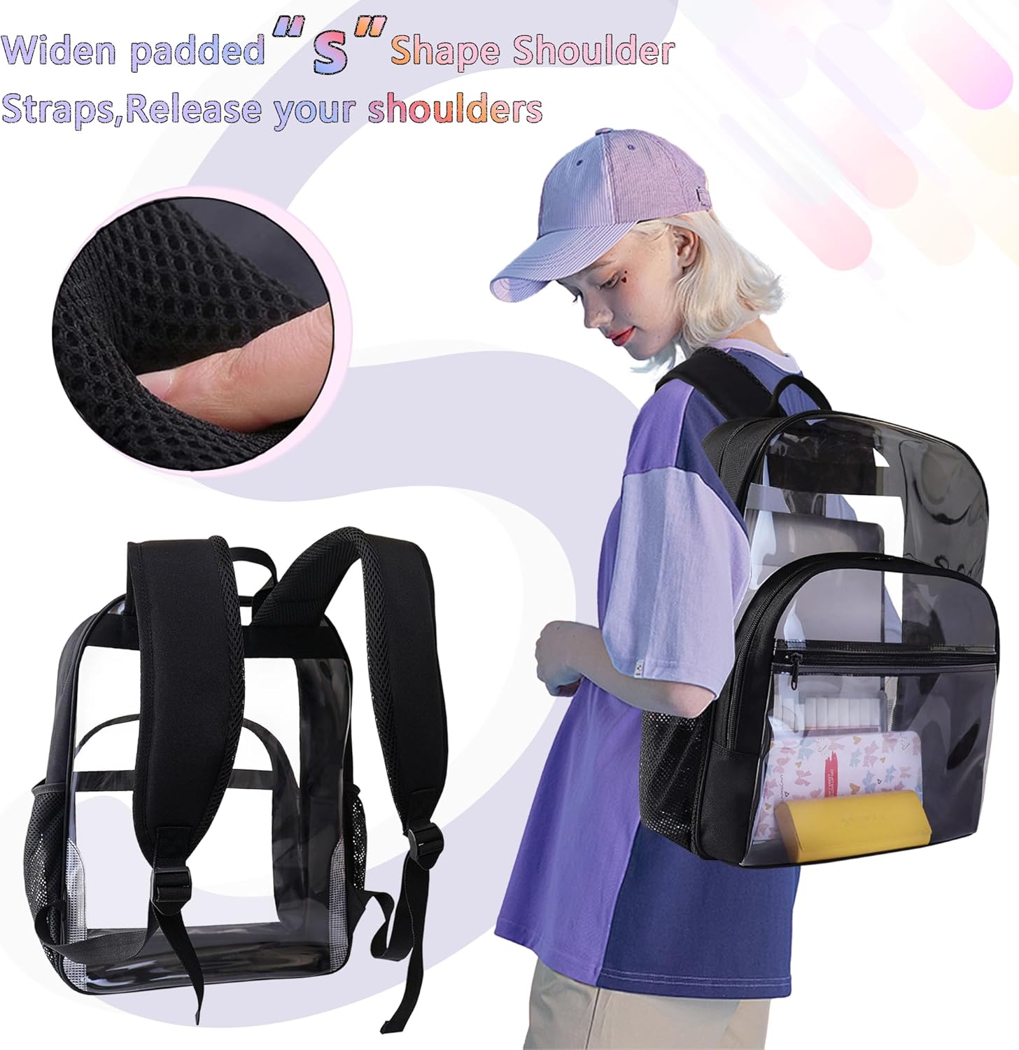 Skiennix Clear Backpack - Heavy Duty Transparent Bookbag for School | 18-Inch Black PVC Design