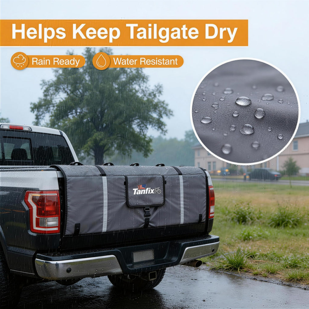 Tanfix Tailgate Pad for Mountain Bikes, 51" Tailgate Protection Pad for Compact & Mid-Size Trucks, Holds Up to 5 Bikes, with Tool Pockets, Backup Camera Access Flap