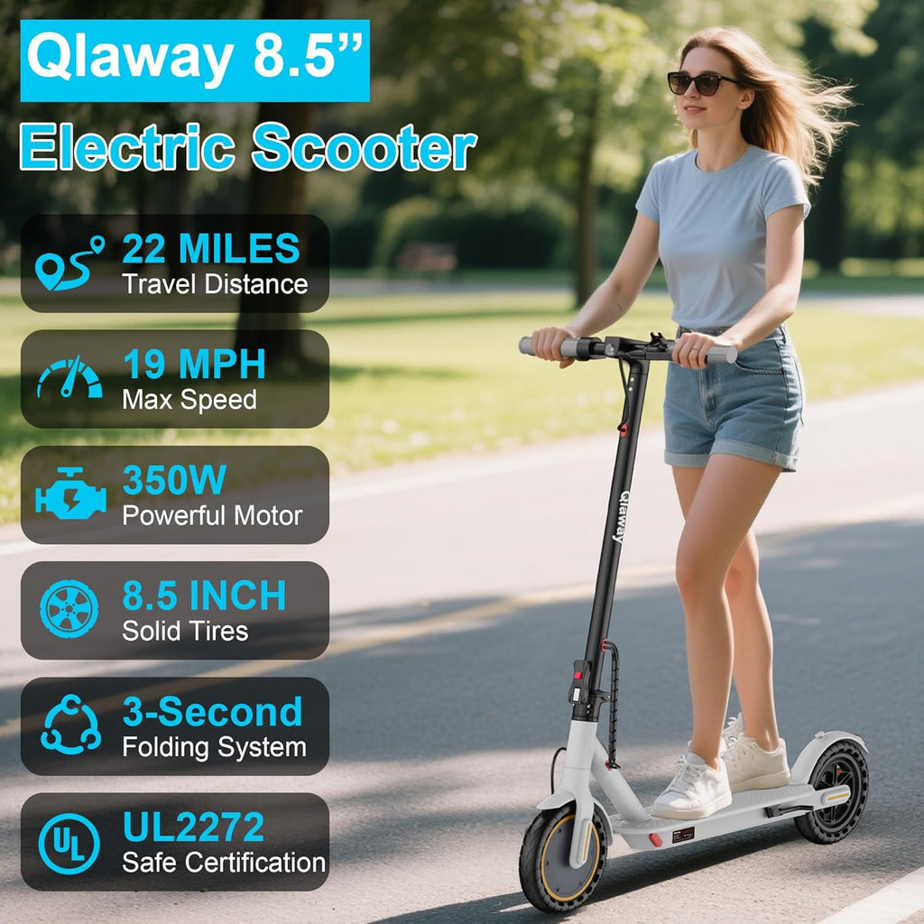 Qlaway 8.5" E-Scooter for Adults - 19/22 MPH Speed, 350/500W Motor, 22 Miles Range, Foldable, 265 LBS Capacity