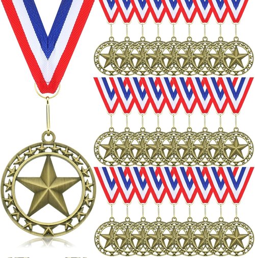 Gold Star Medals - 24 Pcs 2'' Winner Medals with Neck Ribbon | Perfect for Sports Awards & Competitions