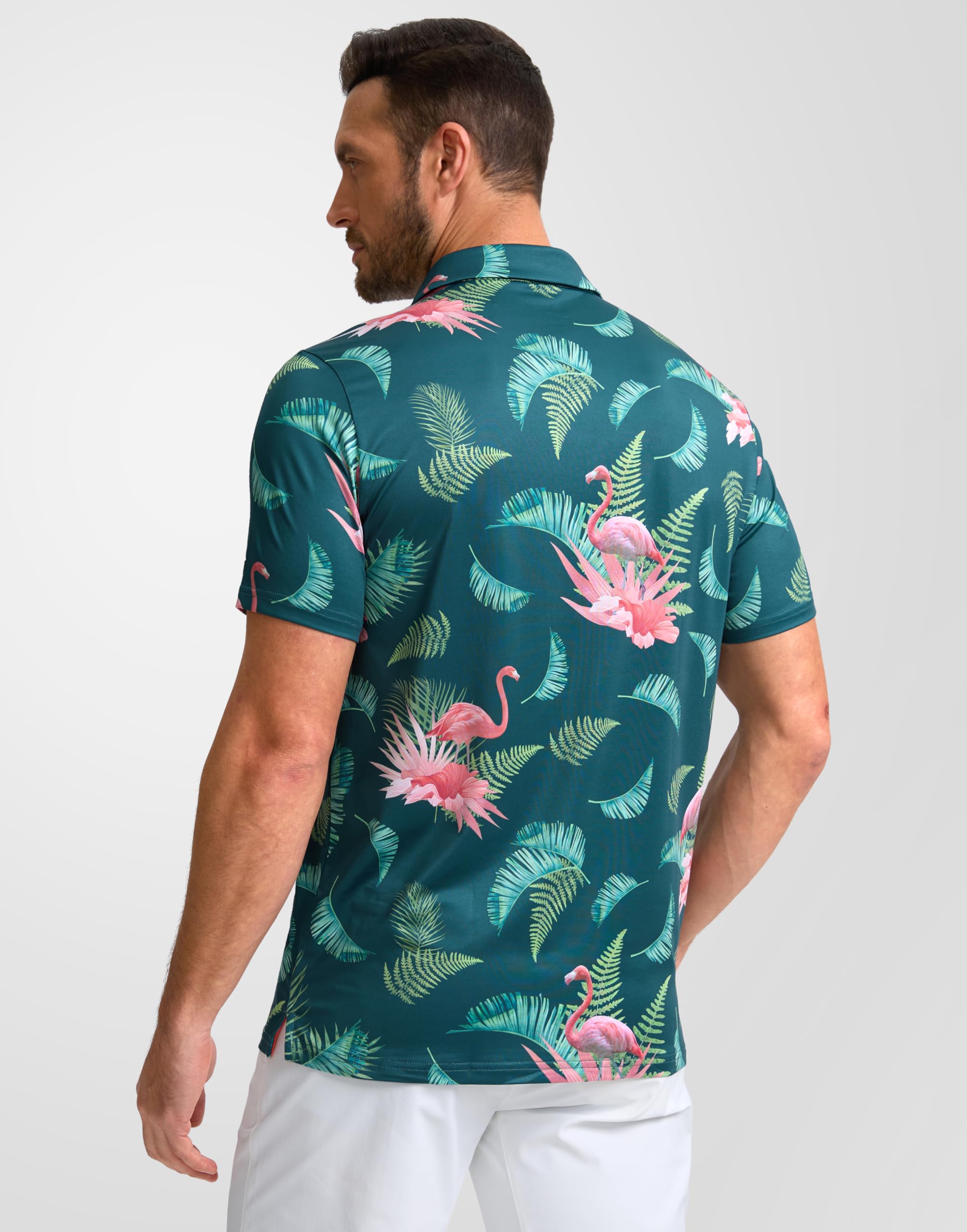 Obla Mens Golf Polo Shirts Short Sleeve Dry Fit Performance Moisture Wicking Casual Print Collared Golf Shirts for Men(Green Flamingo_M)