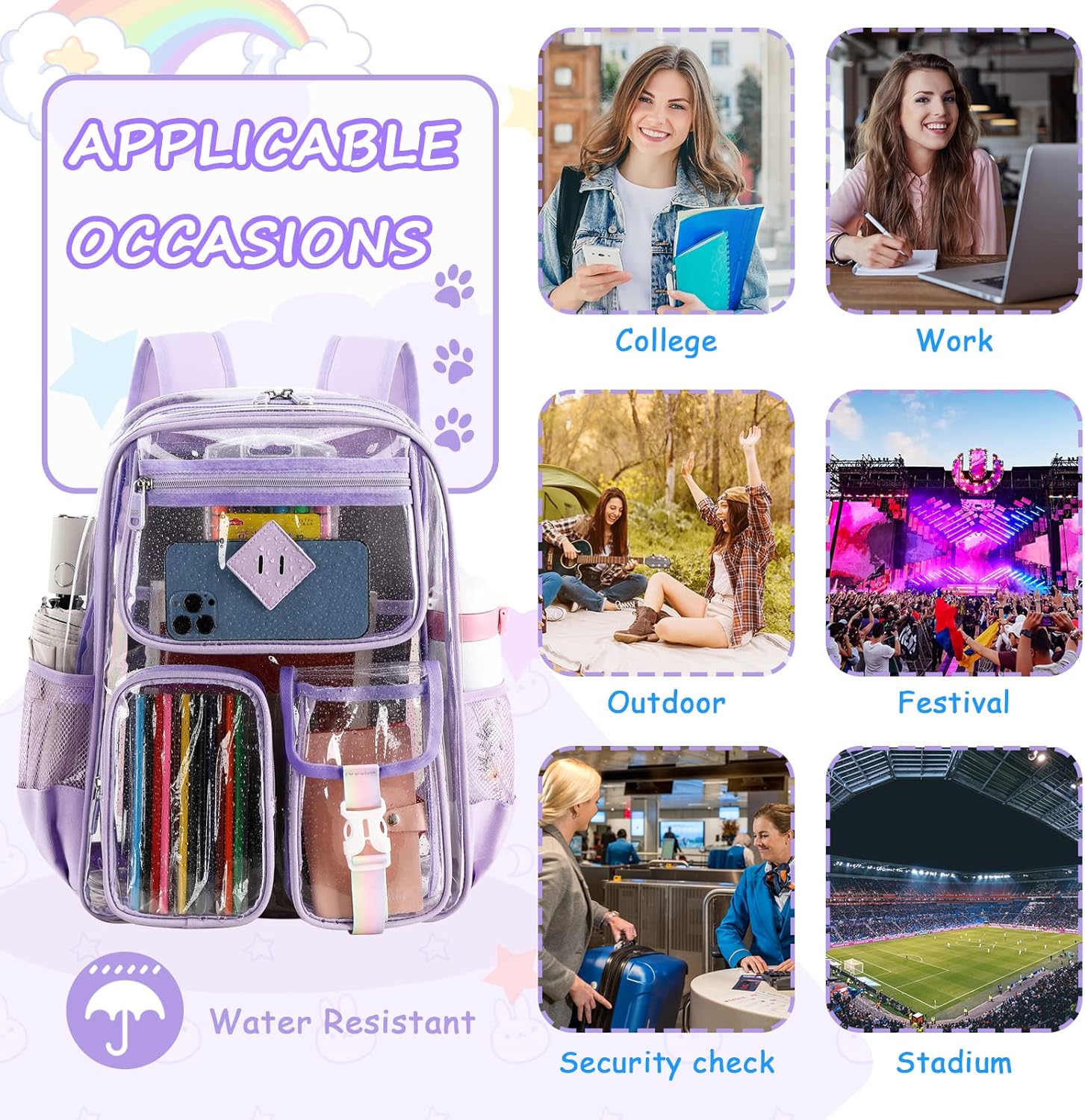 PIG PIG GIRL Clear Backpack for School,Heavy Duty PVC Transparent Bookbag for Girls Stadium Approved See Through Backpack
