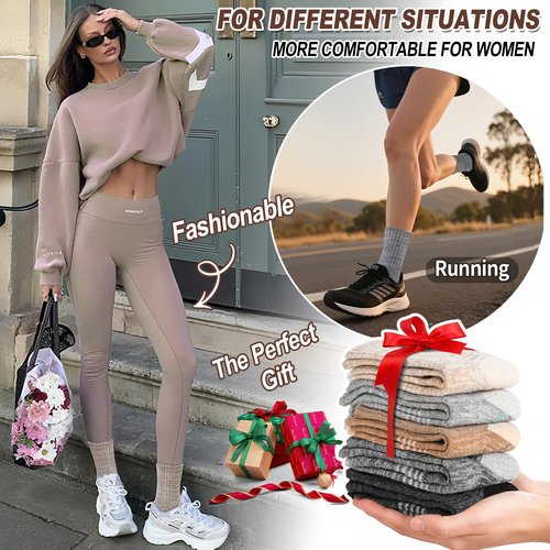 Sandsuced Merino Wool Hiking Socks Thermal Warm Winter Cozy Outdoor Crew Socks 5 Pairs Gift Stocking Stuffers for Women Men(Black/Khaki/Gray,L)